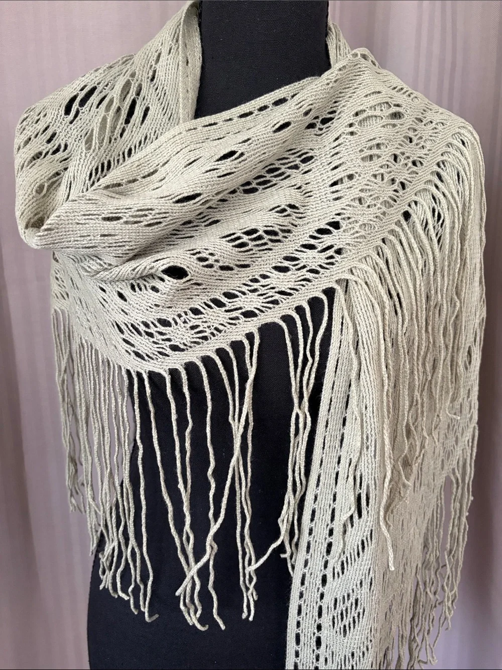 Light Olive Knit Fringe Wrap Shawl w/Light Sequin Embellishment